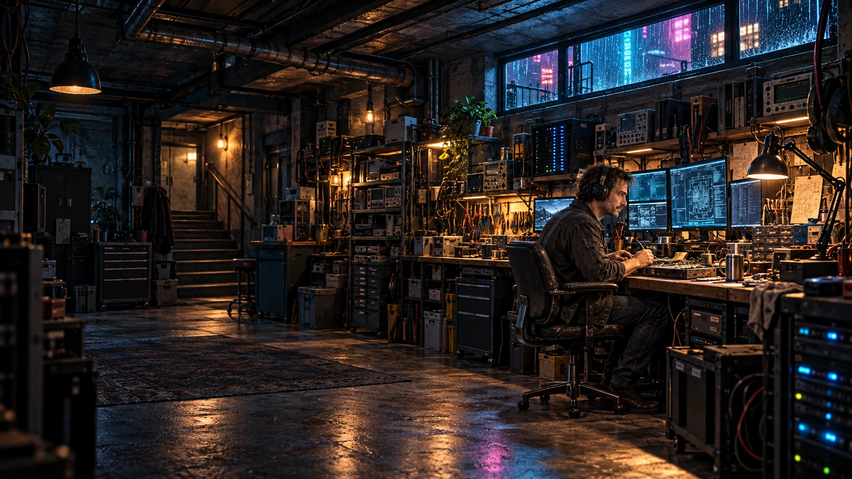 The fictional technician CRYPT1K repairs equipment in his underground workshop, lit by monitors and warm task lamps.
